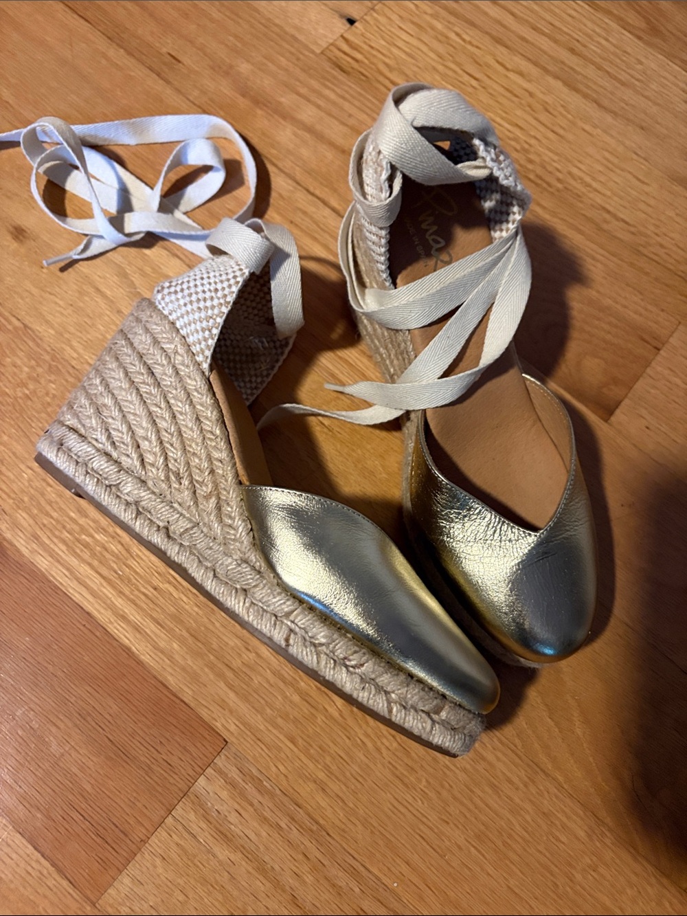 Gold ankle wrap espadrilles size 7/37
